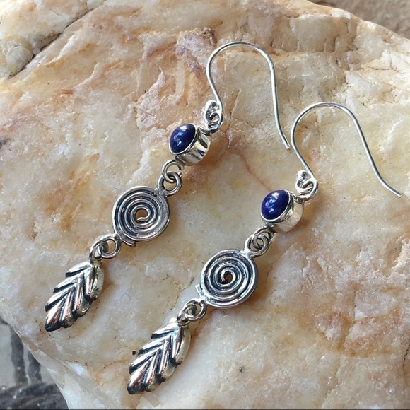 LAPIS LAZULI 925 sterling spiral and leaf earrings - Picture 5 of 9